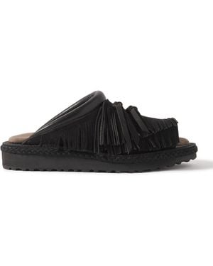 Kapital Pueblo Rain Leather-Trimmed Fringed Suede Sandals - Black