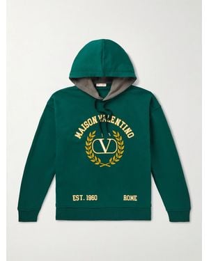 Valentino Garavani Logo-Print Cotton-Jersey Hoodie - Green