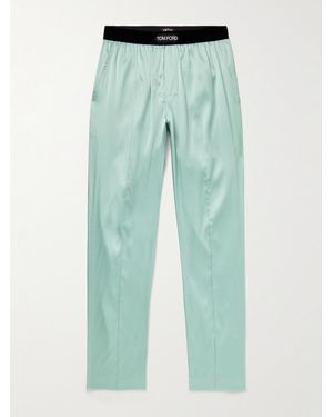 Tom Ford Velvet-Trimmed Stretch-Silk Satin Pyjama Trousers - Blue