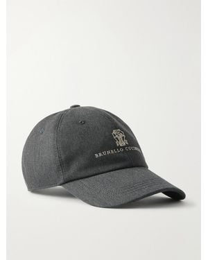 Brunello Cucinelli Logo-Embroidered Leather-Trimmed Cotton And Wool-Blend Twill Baseball Cap - Gray