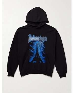 Balenciaga Paris Thunderstorm Distressed Logo-Print Cotton-Jersey Hoodie - Blue