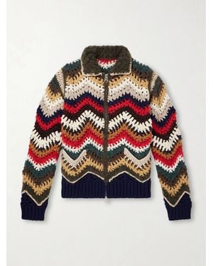 Sacai Striped Crocheted Zip-Up Cardigan - Red