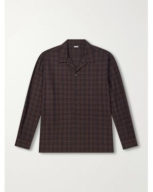 A.PRESSE Camp-Collar Checked Silk Shirt - Brown