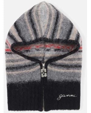Ganni Striped Soft Wool-blend Zip Balaclava - Gray
