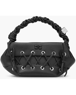 Ganni Eyelets Lace-up Leather-blend Small Bou Bag - Black