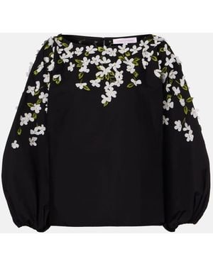 Carolina Herrera Floral-Applique Cotton-Blend Top - Black