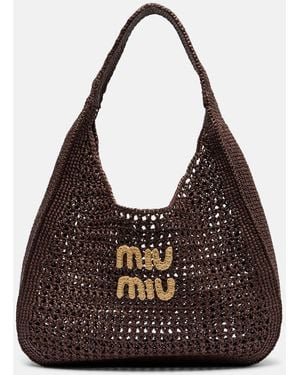 Miu Miu Large Logo Raffia-Effect Tote Bag - Brown