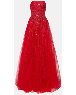Monique Lhuillier Embellished Tulle Gown - Red