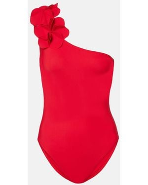 Karla Colletto Tess Floral-Applique One-Shoulder Swimsuit - Red