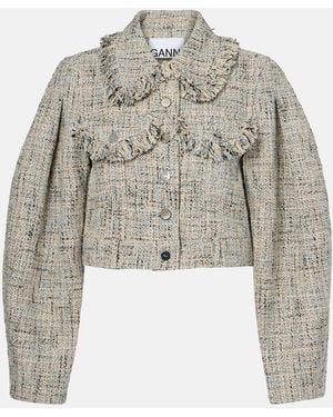 Ganni Cropped Cotton Tweed Jacket - Blue