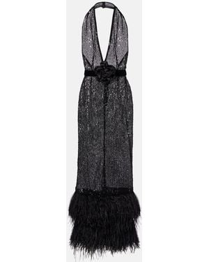 Dolce & Gabbana Feather-Trimmed Sequined Sheer Gown - Black
