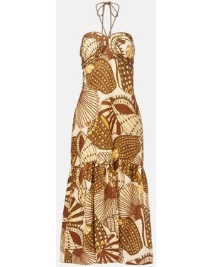 FARM Rio Shell Mix Printed Linen Midi Dress - Metallic