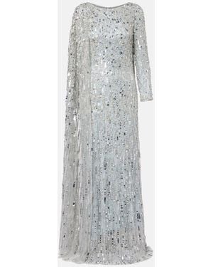 Jenny Packham Pauline Embellished Caped Gown - Grey