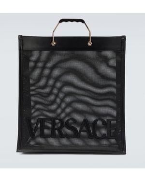 Versace Shopper Leather-Trimmed Tote Bag - Black