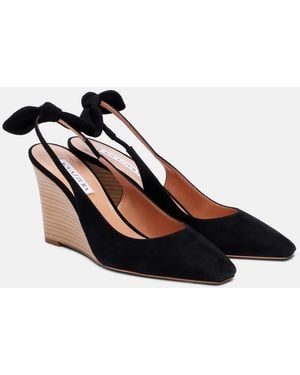 Aquazzura Very Bow Tie 85 Suede Wedges - Black