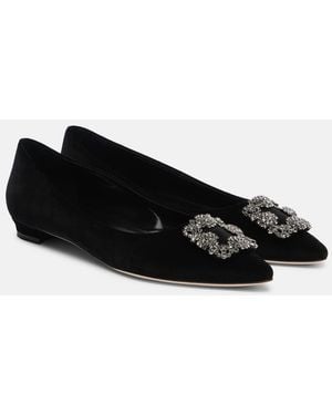 Manolo Blahnik Hangisi Embellished Velvet Ballet Flats - Black