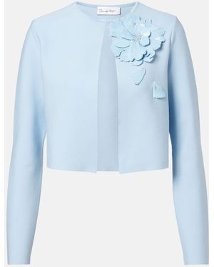 Oscar de la Renta Cropped Floral-Applique Sequined Jacket - Blue