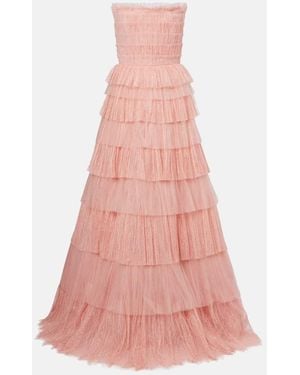 Costarellos Trissa Plisse Tiered Tulle And Lace Gown - Pink
