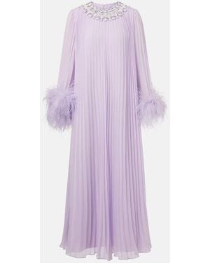 Self-Portrait Feather-Trimmed Plisse Chiffon Midi Dress - Purple