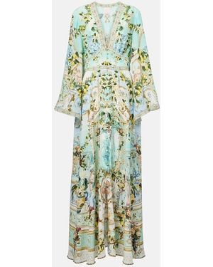 CAMILLA Shirred Printed Silk Maxi Dress - Green