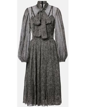 Dolce & Gabbana Chevron Tie-Neck Silk-Blend Midi Dress - Grey