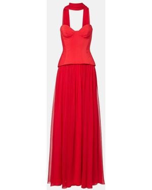 Monique Lhuillier Vermilion Crepe And Chiffon Corset Gown - Red
