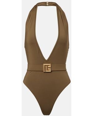 Balmain Belted Swimsuit - Green