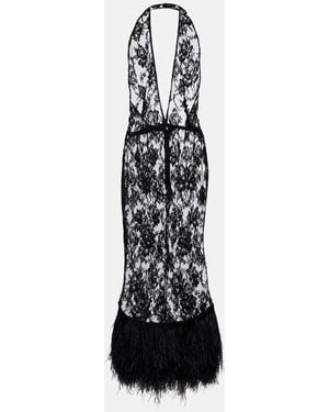 Dolce & Gabbana Feather-Trimmed Floral Lace Midi Dress - Black