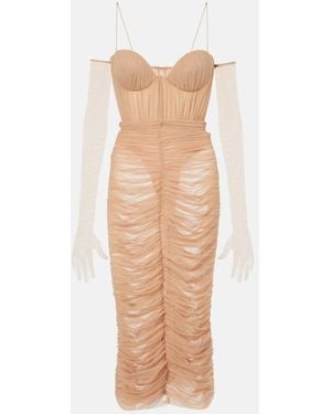 Alex Perry Sweetheart Ruched Mesh Midi Dress - Natural