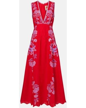 FARM Rio Porcelain Garden Floral Linen Midi Dress - Red