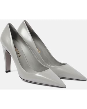 Prada Logo Leather Pointy-Toe Pump - Grey