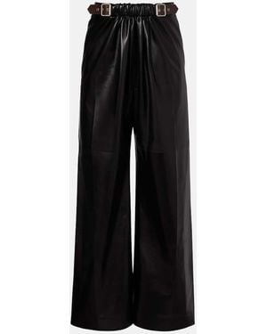 Loewe Gathered Leather Wide-Leg Pants - Black