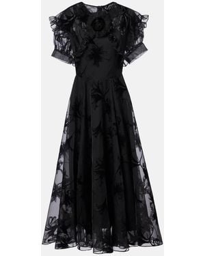 Rodarte Ruffled Floral Organza Midi Dress - Black