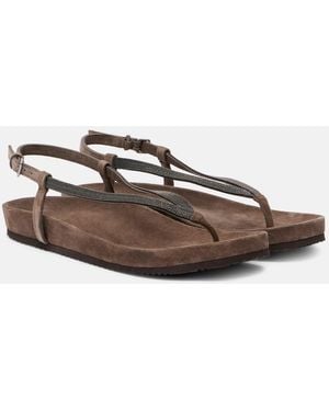 Brunello Cucinelli Monili Suede Thong Sandals - Brown