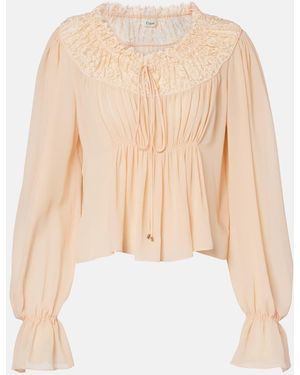 Chloé Shirred Cropped Lace-Trimmed Silk Blouse - Natural