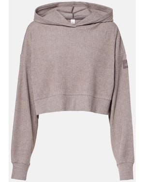 Alo Yoga Muse Ribbed-Knit Cropped Hoodie - Grey