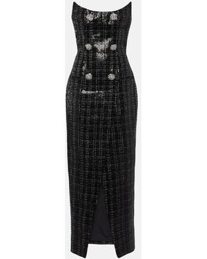 Balmain Strapless Embellished Sequined Metallic Tweed Gown - Black