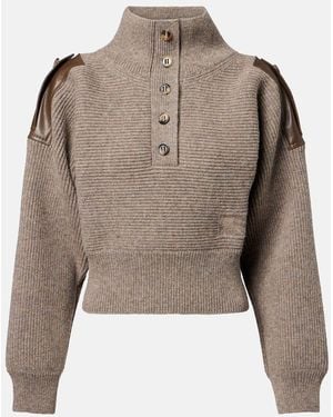 Burberry Cropped Leather-Trimmed Wool-Blend Sweater - Green