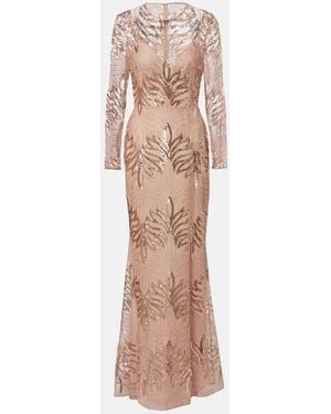 Elie Saab Embroidered Sequined Tulle Gown - Natural