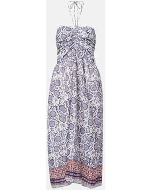 Velvet Floral Ruched Cotton Midi Dress - Purple
