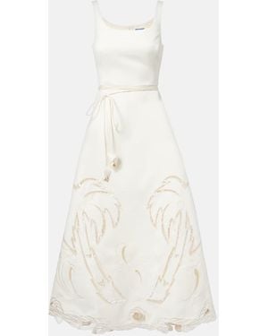 LEO LIN Palm Laser-Cut Embroidered Midi Dress - White