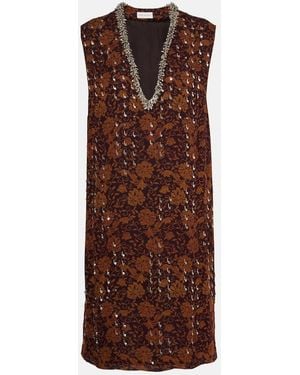 Dries Van Noten Floral Embellished Georgette Midi Dress - Brown