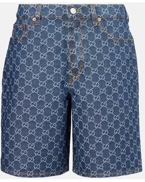Gucci Leather-Trimmed Denim Bermuda Shorts - Blue