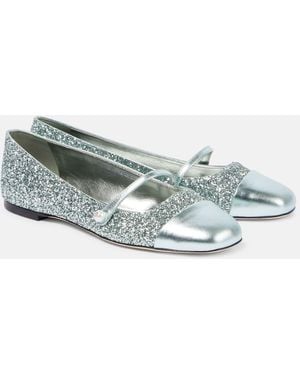 Jimmy Choo Elisa Leather-Trimmed Glitter Ballet Flats - Grey
