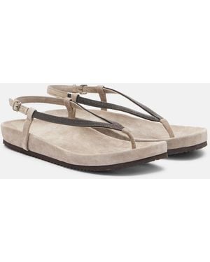Brunello Cucinelli Monili Suede Thong Sandals - Grey