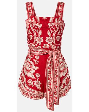 FARM Rio Guanacaste Belted Linen-Blend Romper - Red