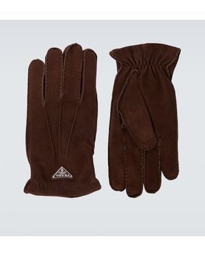 Prada Logo Suede Gloves - Brown
