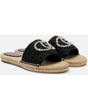 Gucci Gg Embellished Raffia Espadrille Slides - Black