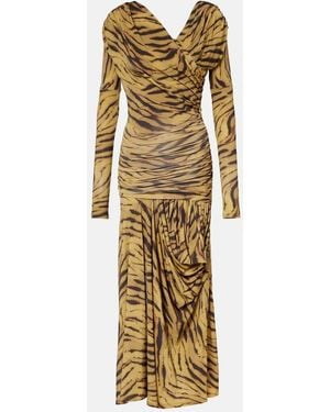 Ganni Asymmetric Draped Tiger-Print Maxi Dress - Metallic