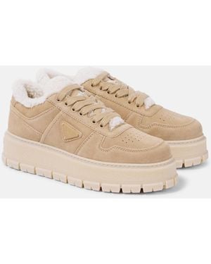 Prada Shearling-Lined Suede Sneakers - Natural